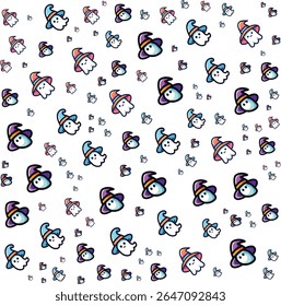 Cute halloween ghost characters wearing colorful witch hats seamless pattern