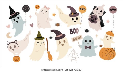 Cute Halloween ghost clipart set. Spooky seasonal characters, Happy Halloween hand drawn vector illustration in cartoon flat style