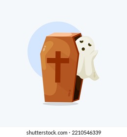 Cute halloween ghost with coffin cartoon illustration