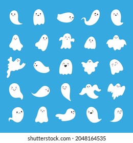 Cute Halloween ghost collection. Cartoon scary ghostly characters set. Fun spooky monsters