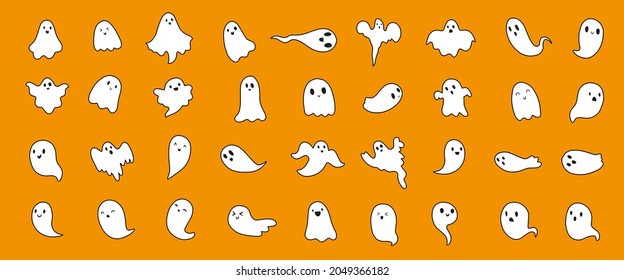 Cute Halloween ghost collection. Cartoon scary ghostly characters set. Fun spooky monsters