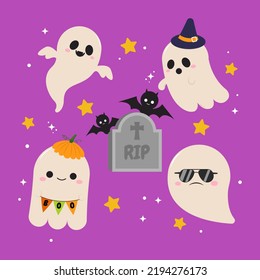 Cute Halloween Ghost Collection. Flat Vector Cartoon Design