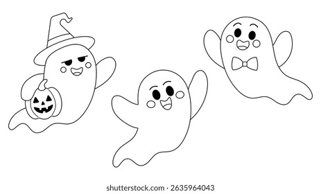 Cute Halloween ghost coloring set. Outline cartoon ghosts with pumpkin, bow tie and witch hat. Perfect for kids printables, stickers, party decor and coloring pages.