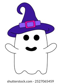 Cute Halloween ghost in costume Witch. Holiday cartoon character. Vector Flat Illustration.