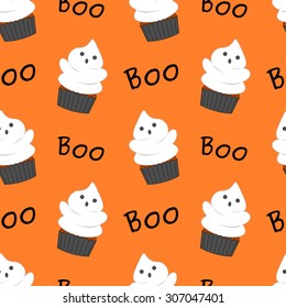Cute halloween ghost cupcake funny cartoon seamless pattern vector illustration 