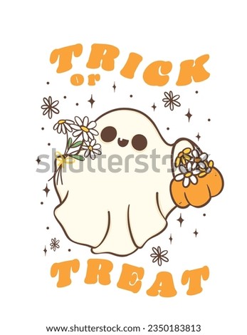 Cute Halloween ghost with daisy flower, kawaii Retro floral spooky ghost, Trick or Treat, cartoon doodle outline drawing illustration idea for greeting card, t shirt design and crafts.
