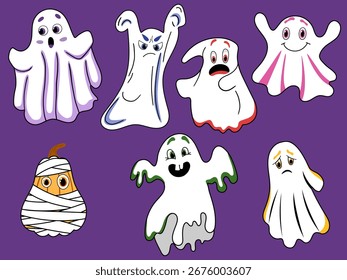 Cute halloween ghost with different emotions and pumpkin. Vector illustration on violet background. 