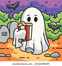 Cute Halloween Ghost Eating Popcorn Vector Cartoon Illustration. Illustration Concept Isolated Premium Vector. Flat Cartoon Concept for Coloring book. Cute Doodle Cartoon Illustration Style