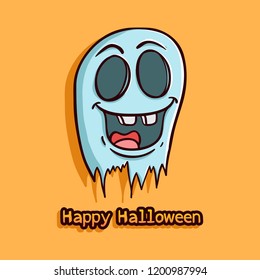cute halloween ghost with funny face on orange background