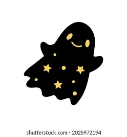 Cute Halloween ghost with gold stars. Boo. Vector baby character