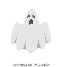 Cute Halloween Ghost. Hand drawn spooky flying spirit. Cartoon funny grey ghost isolated on white background. Vector simple halloween horror character. Creepy Halloween party costume.