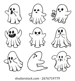 Bela Halloween Fantasma Mão Desenhado Doodle Vetor Ilustração Isolada Coleção