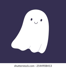 Cute Halloween ghost with happy smiling face. Funny childish boo character floating. Magic baby phantom, spook, spirit with cheerful expression, positive emotion. Isolated flat vector illustration.