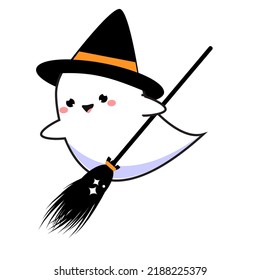 Cute Halloween ghost in hat and with broom. Adorable character in kawaii style for seasonal celebration design. isolated vector clip art