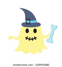 Cute Halloween ghost in a hat holding bone.