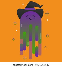 Cute Halloween ghost with a hat. Illustration on orange background.