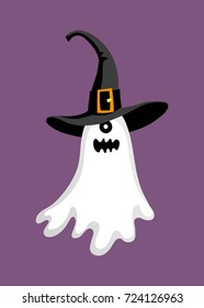 Cute halloween ghost in hat. Isolated on white background. Flat style vector illustration.