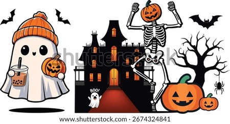 Cute Halloween Ghost, Haunted House, and Skeleton with Pumpkins