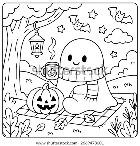 a cute halloween ghost is having a picnic with a pumpkin, bats, stars, and a cup of hot cocoa