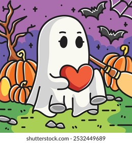 Cute Halloween Ghost With Hearts Vector Cartoon Illustration. Illustration Concept Isolated Premium Vector. Flat Cartoon Concept for Coloring book. Cute Doodle Cartoon Illustration Style