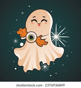 lindo fantasma de halloween sosteniendo caramelos