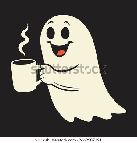 Cute Halloween Ghost Holding Coffee Mug Vector Illustration
