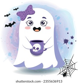 Cute halloween ghost holding Cup of coffee Vector