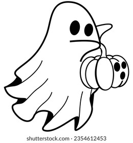 cute halloween ghost holding pumpkin, flat halloween ghosts element, vector illustration