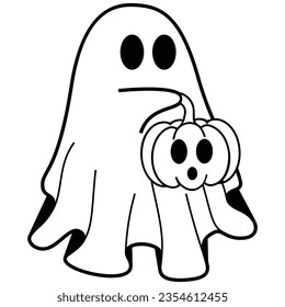 cute halloween ghost holding pumpkin, flat halloween ghosts element, vector illustration