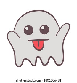 Cute halloween ghost, icon emoji element on white silhouette. Decoration for logo, card and any design. Vector illustration about holiday.