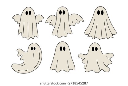 Conjunto de iconos lindos del fantasma de Halloween - Vector de personajes fantasma de dibujos animados