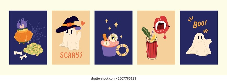 Cute Halloween ghost illustration card for media design. Spooky modern vector objects and doodles. Trendy flat art vector greeting card poster post template