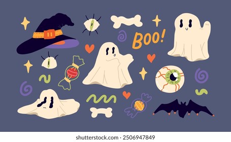 Cute Halloween ghost illustration set for media design. Spooky modern vector objects and doodles Trendy flat art vector set