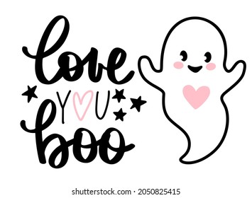 Cute Halloween Ghost illustration. Vector Cartoon spooky character. Love you Boo Hand drawn lettering phrase.