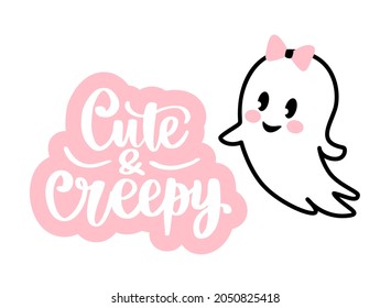 Cute Halloween Ghost illustration. Vector Cartoon spooky character. Baby Boo. Cute and creepy Hand drawn lettering phrase.