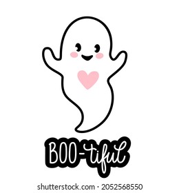 Cute Halloween Ghost illustration. Vector Cartoon spooky character. BOO tiful Hand drawn lettering phrase.