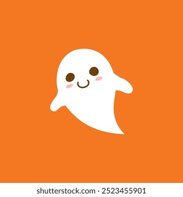 Cute Halloween ghost isolated on orange background.	
