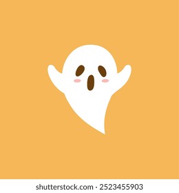 Cute Halloween ghost isolated on orange background.	