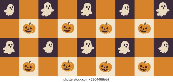 Cute Halloween Ghost and Jack O Lantern Checkerboard Seamless Pattern with Orange Plaid