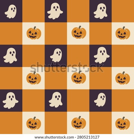 Cute Halloween Ghost and Jack O Lantern Checkerboard Seamless Pattern with Orange Purple Plaid
