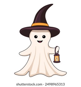 Cute Halloween ghost with lantern in witch hat vector illustration, decorative element for Halloween party, greeting card.