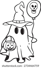 Bonito Halloween Ghost Line Art com chapéu de bruxa e balde de abóbora, ilustração de contorno preto e branco