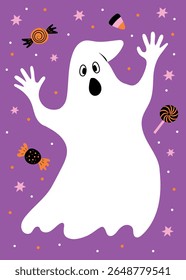 Lindo fantasma de halloween con un cielo nocturno y dulces en el fondo .