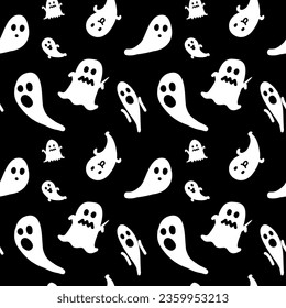 Espectacular fantasma de Halloween sobre fondo negro. Patrón sin foco para el festival de Halloween. Una mezcla de cortesía y horror. Se puede usar como fondo, papel de envoltura de regalo, patrones en las tarjetas, patrón de tela
