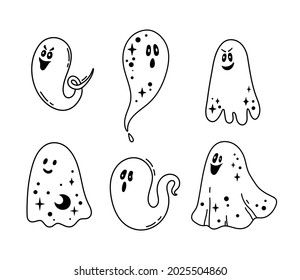 Cute halloween ghost outline bundle, funny celestial ghost black and white isolated clipart on white background, halloween party decor for cards, t-hirts, vector kids character