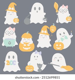 Lindo fantasma de Halloween en colores pastel. Ilustración vectorial fantasma para niños