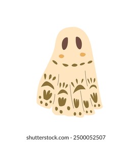 Cute Halloween ghost with a pattern, featuring a playful and whimsical design on a white background. Vector hand drawn illustration.