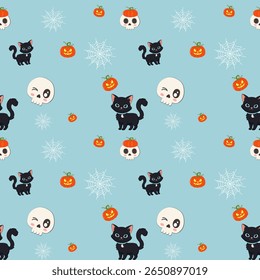 Cute Halloween ghost pattern with light blue checkered background and cartoon trees in a soft pastel style.