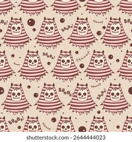 Cute Halloween Ghost Pattern with Striped Costumes and “Boo” Text. Ideal for Halloween textiles, party decor, wrapping paper, greeting cards, and seasonal digital designs