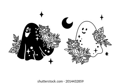 Cute halloween ghost with peony flowers, Floral celestial ghost outline isolated clipart on white background, Holiday decor for cards, t-hirts, vector kids characters